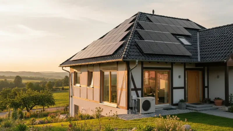 Leipziger Einfamilienhaus mit Solaranlage auf dem Dach und Wärmepumpe im Garten