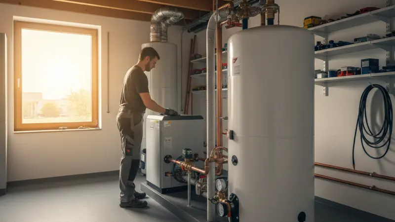 Wärmepumpen-Inneneinheit mit Pufferspeicher im Technikraum eines Leipziger Hauses