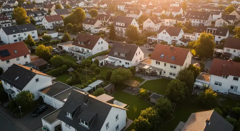 Aerial drone view of typical German residential neighborhood with mixed roof types, red and dark roof tiles, gardens visible, sunny day