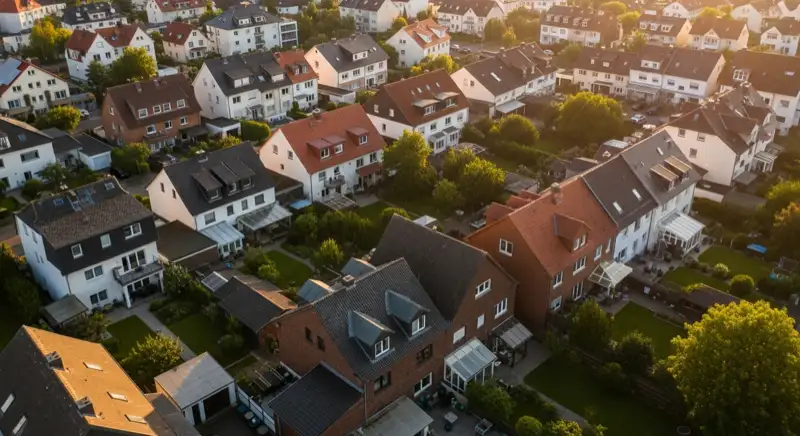 Aerial drone view of typical German residential neighborhood with mixed roof types, red and dark roof tiles, gardens visible, sunny day