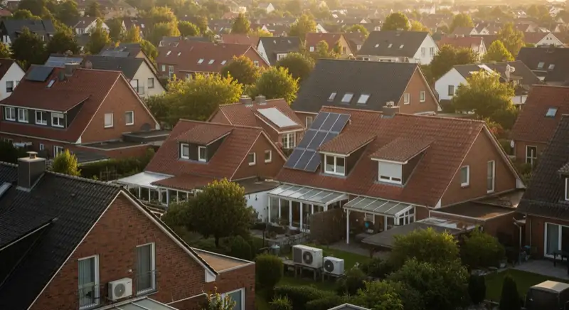Aerial drone view of typical German residential neighborhood with mixed roof types, red and dark roof tiles, gardens visible, sunny day