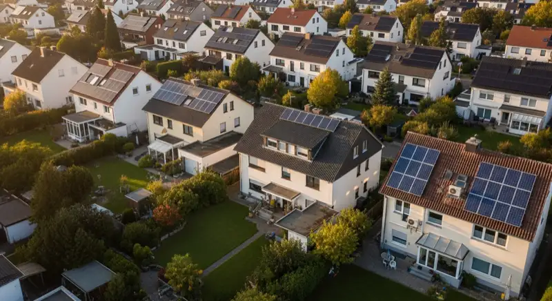 Aerial drone view of typical German residential neighborhood with mixed roof types, red and dark roof tiles, gardens visible, sunny day