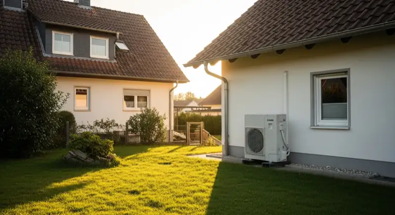 Moderne Luft-Wasser-Wärmepumpe Außeneinheit vor einem typischen Leonberger Einfamilienhaus mit Satteldach