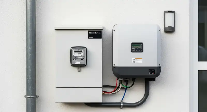 Modern German electrical meter cabinet (Zählerschrank) with smart meter and solar inverter connection, clean technical installation