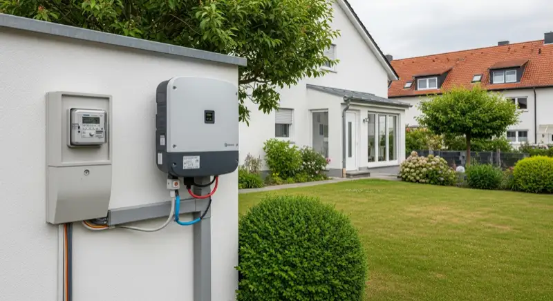 Modern German electrical meter cabinet (Zählerschrank) with smart meter and solar inverter connection, clean technical installation