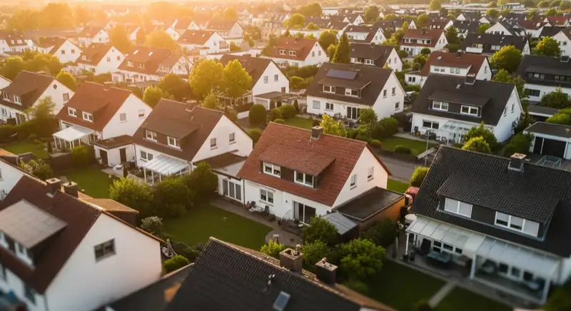 Aerial drone view of typical German residential neighborhood with mixed roof types, red and dark roof tiles, gardens visible, sunny day