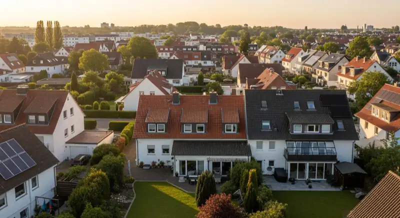 Aerial drone view of typical German residential neighborhood with mixed roof types, red and dark roof tiles, gardens visible, sunny day
