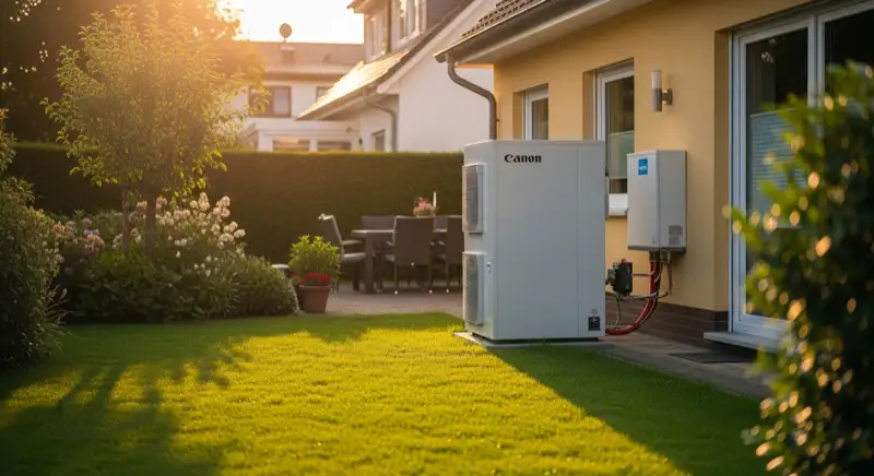 Moderne Luft-Wasser-Wärmepumpe im Garten eines Einfamilienhauses in Leverkusen