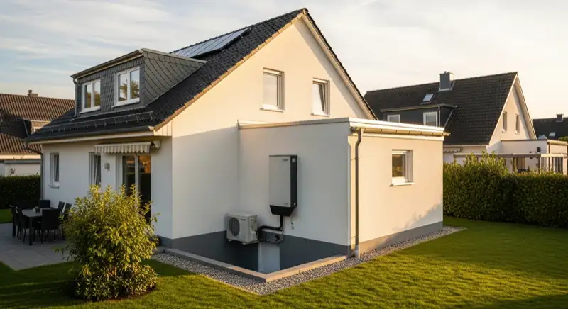 Einfamilienhaus in Leverkusen mit Wärmepumpen-Außeneinheit vor der Hauswand und Gasheizung im Keller