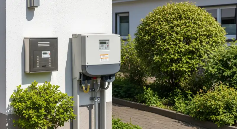Modern German electrical meter cabinet (Zählerschrank) with smart meter and solar inverter connection, clean technical installation