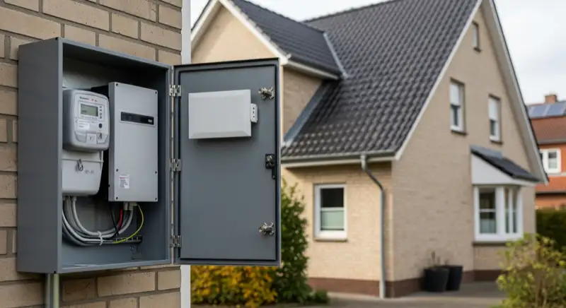 Modern German electrical meter cabinet (Zählerschrank) with smart meter and solar inverter connection, clean technical installation