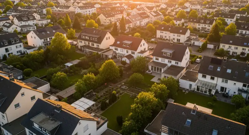 Aerial drone view of typical German residential neighborhood with mixed roof types, red and dark roof tiles, gardens visible, sunny day
