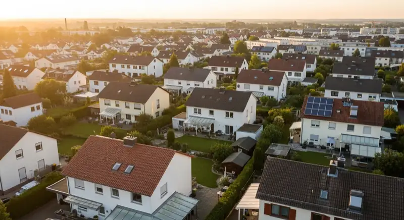 Aerial drone view of typical German residential neighborhood with mixed roof types, red and dark roof tiles, gardens visible, sunny day