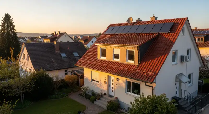Aerial drone view of typical German residential neighborhood with mixed roof types, red and dark roof tiles, gardens visible, sunny day