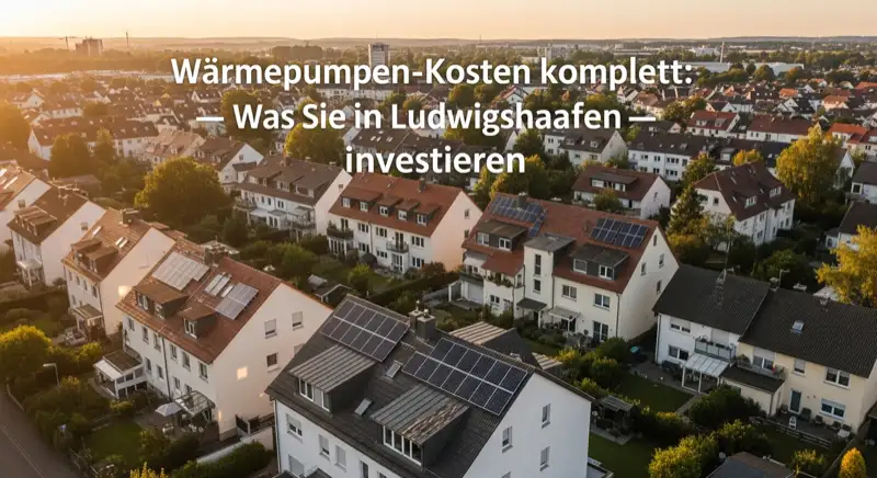 Aerial drone view of typical German residential neighborhood with mixed roof types, red and dark roof tiles, gardens visible, sunny day