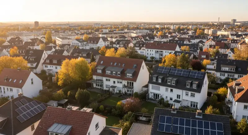 Aerial drone view of typical German residential neighborhood with mixed roof types, red and dark roof tiles, gardens visible, sunny day