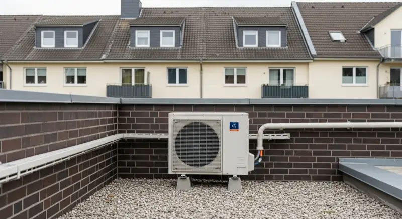 Wartungstechniker überprüft Außengerät einer Luft-Wasser-Wärmepumpe in Ludwigshafen