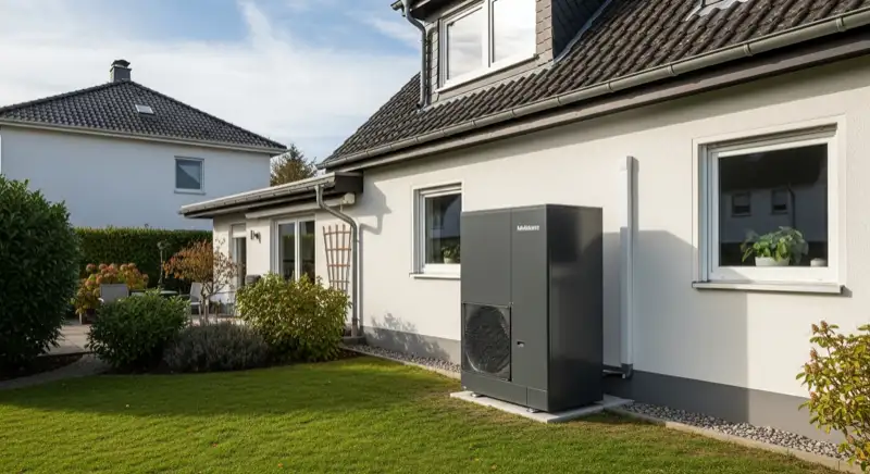 Installateur montiert Wärmepumpen-Außeneinheit vor Einfamilienhaus in Ludwigshafen
