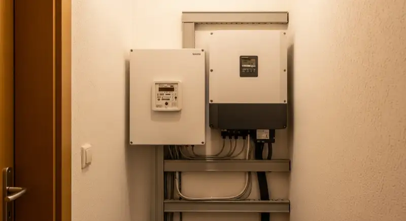 Modern German electrical meter cabinet (Zählerschrank) with smart meter and solar inverter connection, clean technical installation