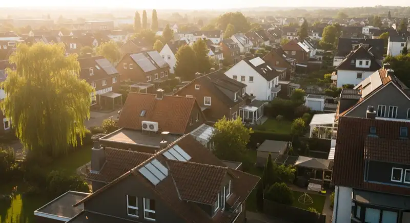 Aerial drone view of typical German residential neighborhood with mixed roof types, red and dark roof tiles, gardens visible, sunny day