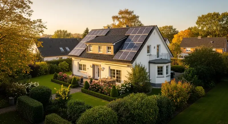 German detached house (Einfamilienhaus) with photovoltaic panels on pitched roof, well-maintained garden, warm afternoon sunlight