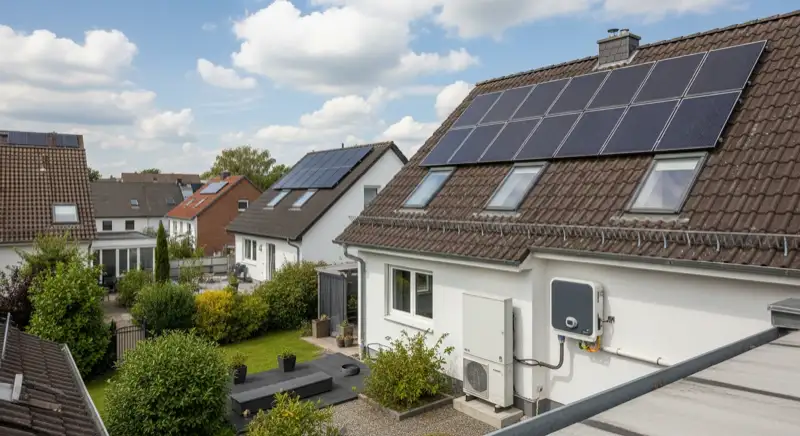 Modern German electrical meter cabinet (Zählerschrank) with smart meter and solar inverter connection, clean technical installation