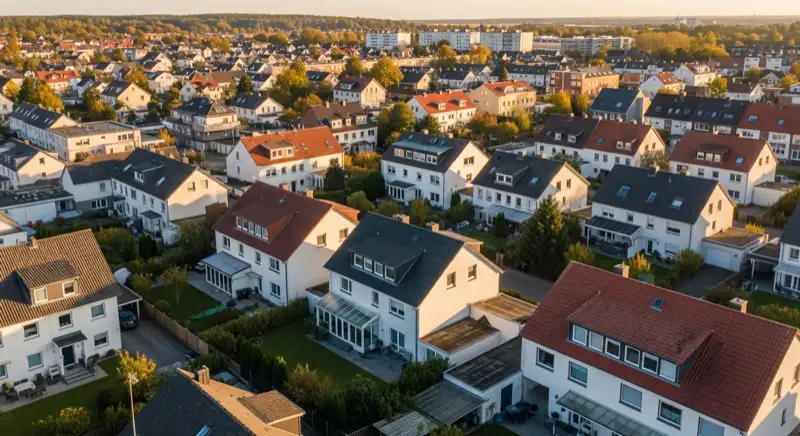 Aerial drone view of typical German residential neighborhood with mixed roof types, red and dark roof tiles, gardens visible, sunny day