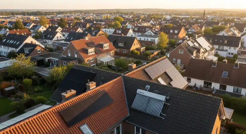 Aerial drone view of typical German residential neighborhood with mixed roof types, red and dark roof tiles, gardens visible, sunny day