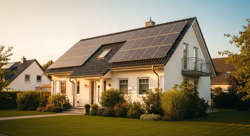 Einfamilienhaus in Lünen mit Photovoltaikanlage auf dem Dach bei sonnigem Wetter