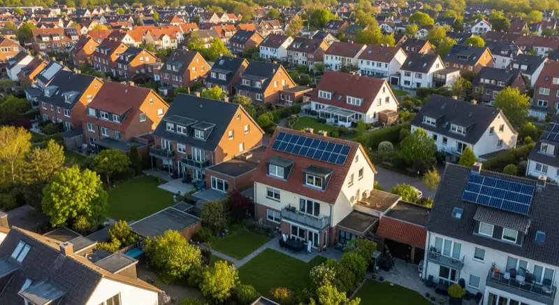 Luftaufnahme von Wohnquartieren in Lünen mit Einfamilienhäusern und Gärten zwischen Lippe und Datteln-Hamm-Kanal