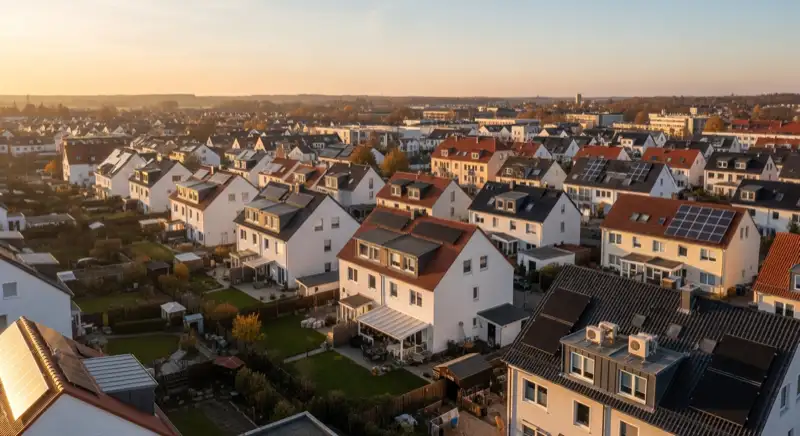 Aerial drone view of typical German residential neighborhood with mixed roof types, red and dark roof tiles, gardens visible, sunny day