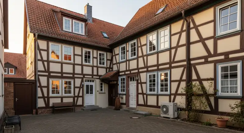 Fachwerkhaus im Dörnigheimer Ortskern mit unauffälligem Wärmepumpen-Aufstellort im Hof