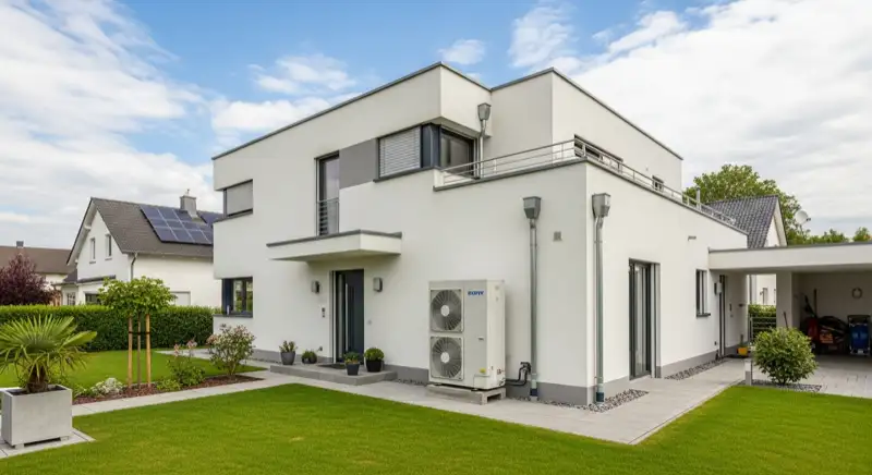 Maintaler Einfamilienhaus mit sichtbarer Wärmepumpen-Außeneinheit und freiem Wartungszugang