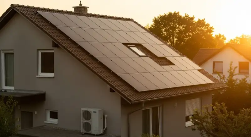 Geneigtes Hausdach in Maintal mit Photovoltaikanlage und separater Wärmepumpen-Außeneinheit