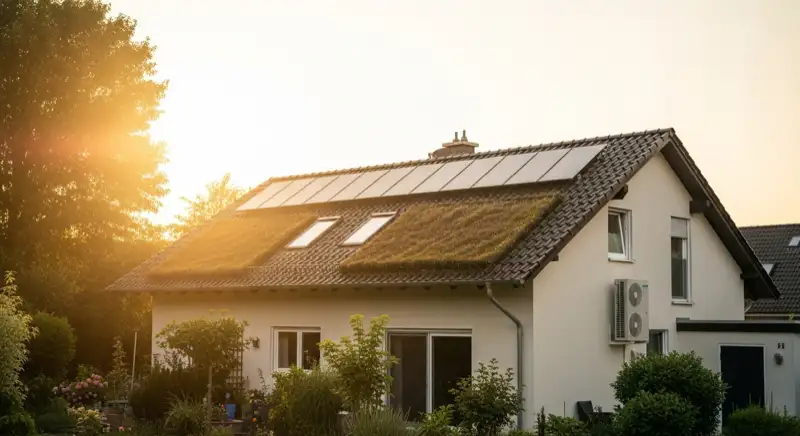 Einfamilienhaus in Maintal mit Photovoltaikanlage auf dem Dach und Wärmepumpen-Außengerät