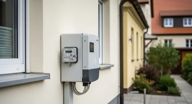 Modern German electrical meter cabinet (Zählerschrank) with smart meter and solar inverter connection, clean technical installation