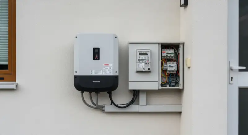 Modern German electrical meter cabinet (Zählerschrank) with smart meter and solar inverter connection, clean technical installation