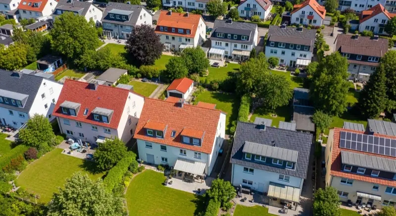 Aerial drone view of typical German residential neighborhood with mixed roof types, red and dark roof tiles, gardens visible, sunny day