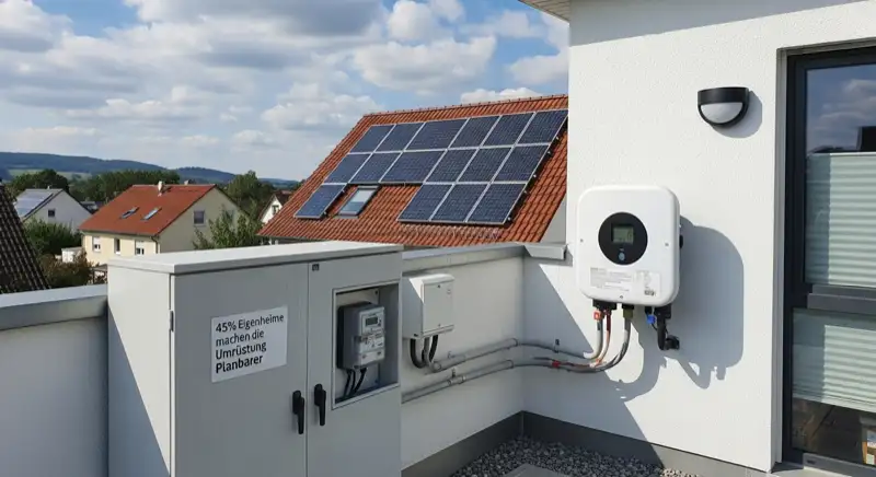 Modern German electrical meter cabinet (Zählerschrank) with smart meter and solar inverter connection, clean technical installation