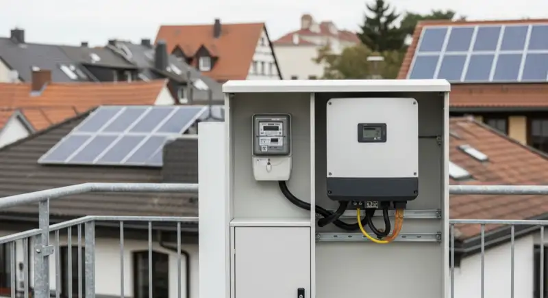 Modern German electrical meter cabinet (Zählerschrank) with smart meter and solar inverter connection, clean technical installation