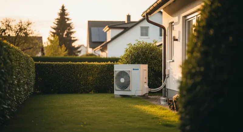 White air-source heat pump outdoor unit in tidy front garden of German Einfamilienhaus, hedge and lawn visible