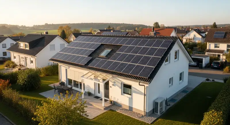 Einfamilienhaus in Wachenbuchen mit Photovoltaik auf dem Dach und Wärmepumpen-Außeneinheit