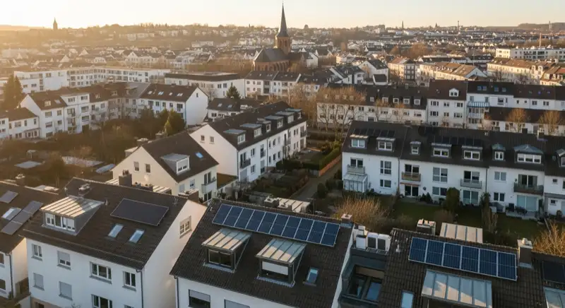 Wohngebiete in Mainz mit verschiedenen Bauformen, typische Einfamilienhäuser und Dachstrukturen aus der Luft