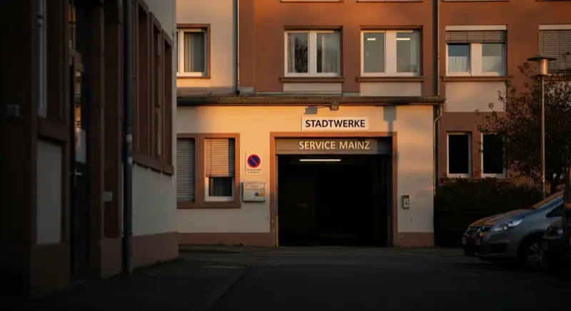 Blick auf das Stadtwerke-Gebäude in Mainz mit Service-Eingang, lokale Versorgeratmosphäre