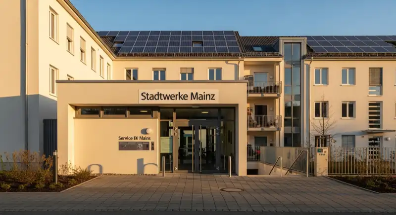 Blick auf das Stadtwerke-Gebäude in Mainz mit Service-Eingang, lokale Versorgeratmosphäre