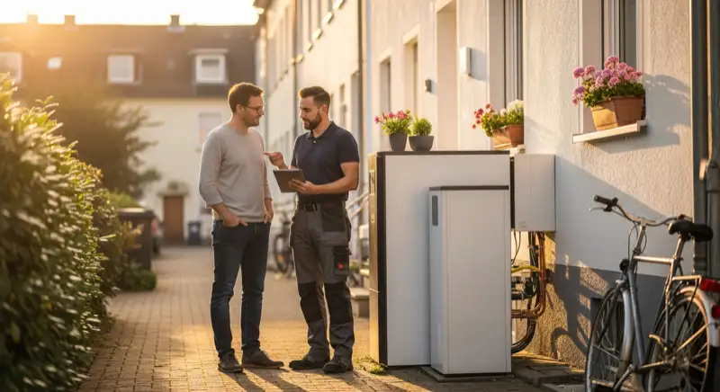 Moderne Luft-Wasser-Wärmepumpe im Vorgarten eines Mainzer Hauses in Bretzenheim mit rotem Klinker