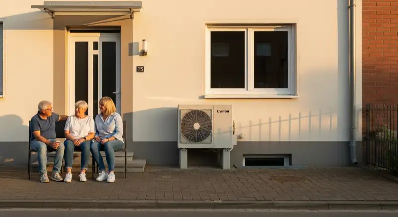 Moderner Technikraum mit Wärmepumpe und Pufferspeicher im Keller eines Mainzer Altbaus