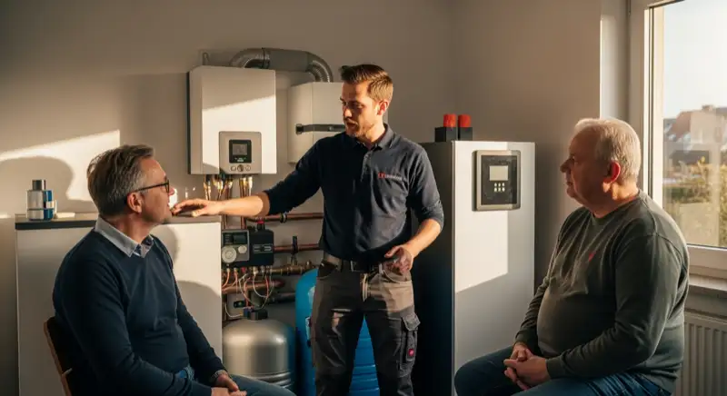 Typisches Mainzer Haus in Hechtsheim mit Erker und moderner Wärmepumpe im seitlichen Vorgarten