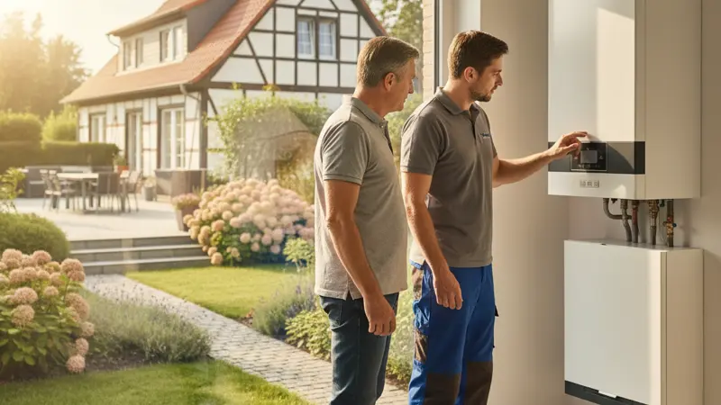 Energieberater zeigt Hauseigentümer in Mannheim die Wärmepumpen-Steuerung