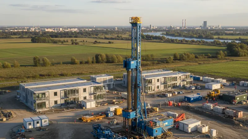 Erdwärmebohrung im Garten eines Mannheimer Einfamilienhauses im Oberrheingraben
